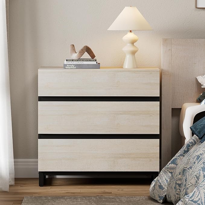 WAMPAT Nightstand with 3 Drawers for Bedroom, Modern Bedside Table with Black Square Metal Leg, Wood Rustic Side End Table, Beige, 2 Pcs - Image 4