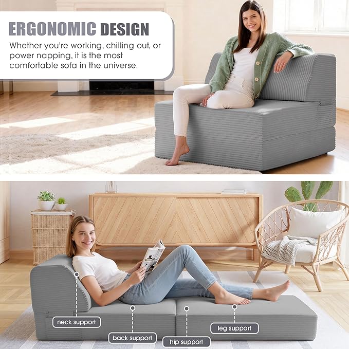 Folding Sofa Bed with Pillow, Memory Foam Fold Out Chair Bed, Convertible Sleeper Chair with Washable Cover, Futon Floor Couch for Living Room/Dorm/Guest Use/Home Office/Apartment, Light Grey