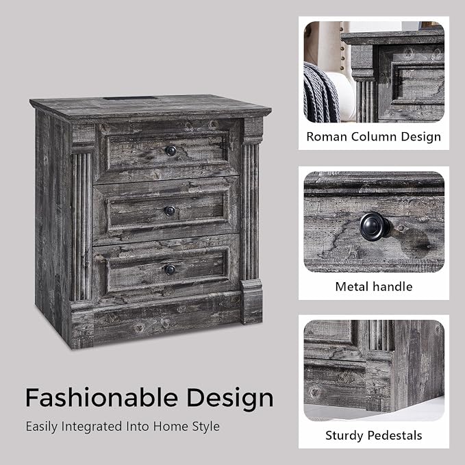 Aitjunz 26" Tall Farmhouse Nightstand, 3 Drawers End Table w/Charging Station, 23.6" Wide Large Side Table w/Roman Column, Wood Rustic Sofa Table for Bedroom, Light Gray - Image 4