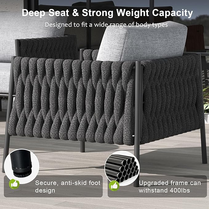 LayinSun 7 Piece Outdoor Furniture Set with Fire Pit Table, Modern Rope Woven Patio Conversation Sofa Set with Olefin Braid and Deep Seating
