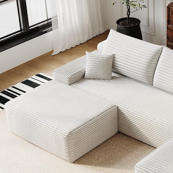 107" Corduroy Couch with Ottoman, Cloud Sectional U Shaped Sofa, Deep Seat Boneless Couches for Living Room Bedroom Apartment, Compressed Foam No Assembly Required, Right Facing Chaise, White