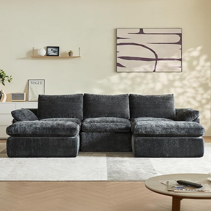 Vamcheer U Shaped Cloud Couch - Utra Soft Modular Sectional Sofa with 2 Movable Ottoman, Deep Seat Boneless Couches for Living Room, Bedroom, Office, No Assembly Required, Grey