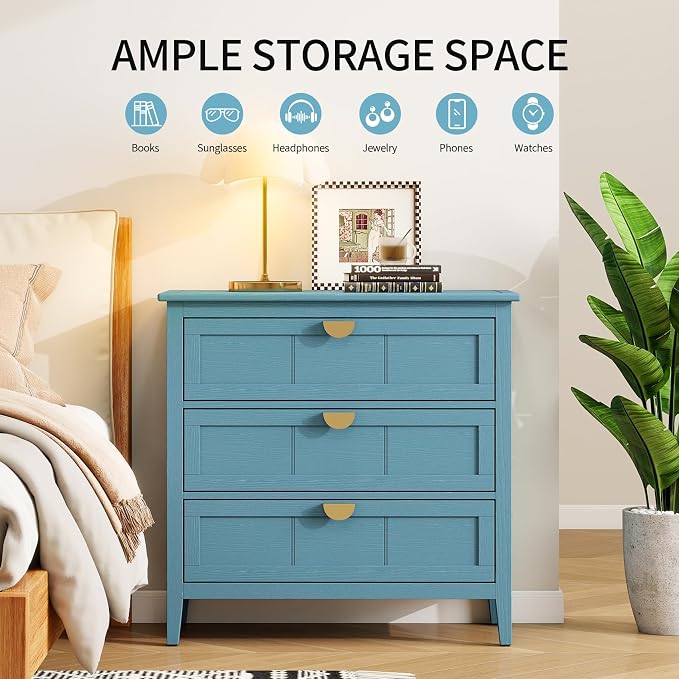 31.5" Wide Wood Nightstand with 3 Drawers, Modern Storage Cabinet with Solid Wood Legs & Golden Handles, Large Accent Table for Bedroom, Blue, 2 PC - Image 6