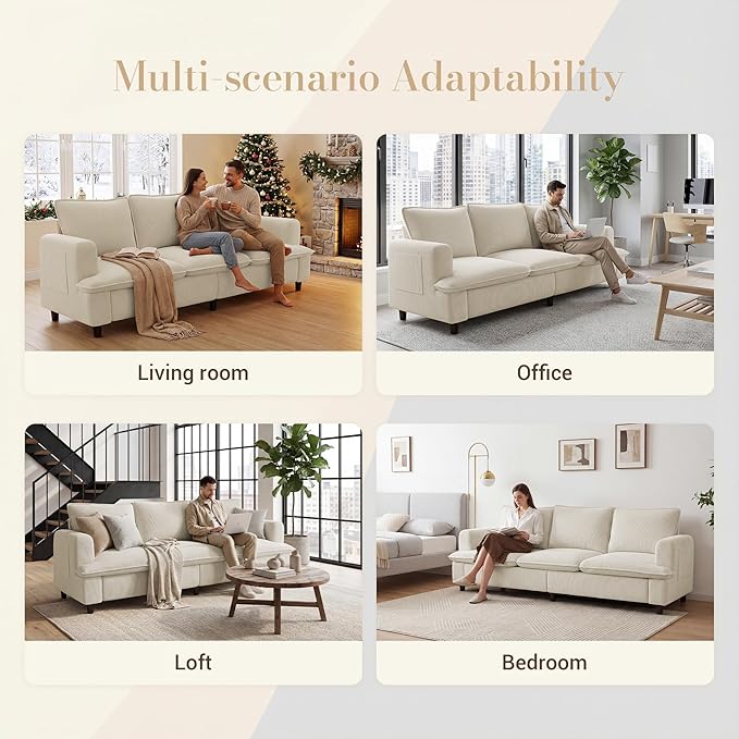 3 Seater Couch, 83" Comfy Corduroy Sofa with Deep Seat, Modern Sofa Couch for Living Room, Office, Bedroom, Apartment (Pillows not Included)