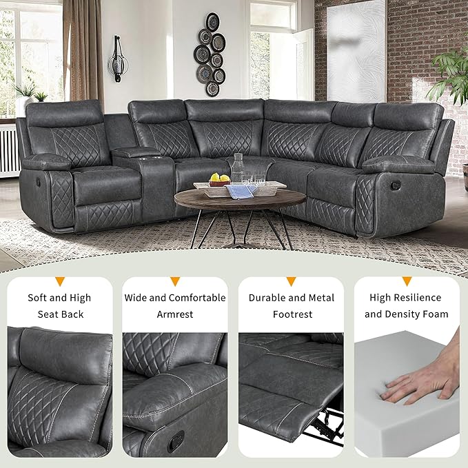 ERYE Modern Manual Reclining Corner Sectional Sofa,L-Shaped Faux Leather Upholstered Motion Recliner Sofa Couch W/Storage Console and 2 Cup Holders for Living Room Home Theater