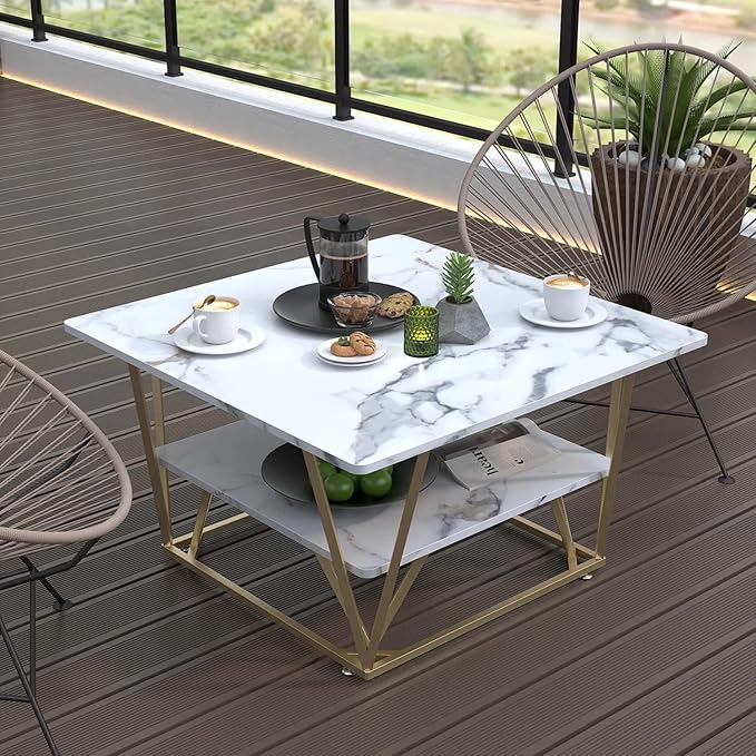 Elephance Square Coffee Table for Living Room, 31.5 Inch Modern Coffee Table with Storage, 2-Tier White and Gold, Wooden Tabletop-Marble White with Gold Frame