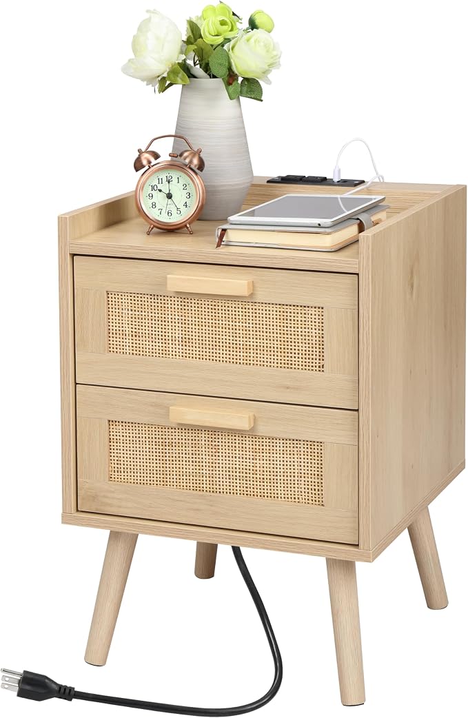 Finnhomy Nightstand with Charging Station, Bedside Table with 2 Hand Made Rattan Decorated Drawers, Night Stand with Storage for Bedroom, Natural - Image 3