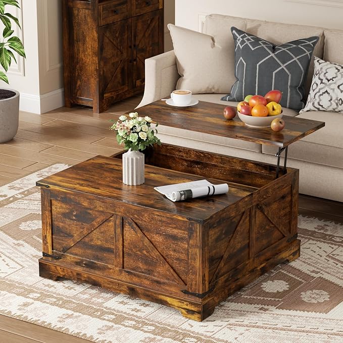 Coffee Table with Hidden Storage, 35.4" W Farmhouse Lift Top Wood Square Center Table with Charging Station, Rustic Cocktail Tables with Flip Top Lids for Living Room, Home Office, Rustic Brown
