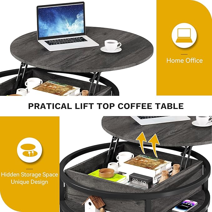 DWVO Round Coffee Tables for Living Room, Lift Top Coffee Table with Storage, Farmhouse Wood Coffee Table, Circle Small Coffee Tables Living Room for Home Decir Office, Grey
