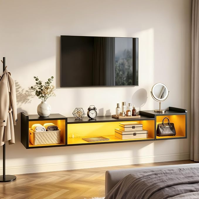 70.9"W Floating TV Stand with LED Lights & Power Outlets for 60 65 70 75 Inch TV Wall Mounted Entertainment Center with Storage for Living Room Wood Media Console Shelf Black TV Shelf Wood for Bedroom - Image 6