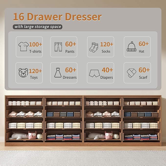Dresser for Bedroom Set of 2, Large Dresser with 16 Drawers, Fluted Modern Bedroom Furniture Set, TV Stand Dressers & Chests of Drawers for Closet, Natural Wood(15.7" D x 110.2" W x 36" H)
