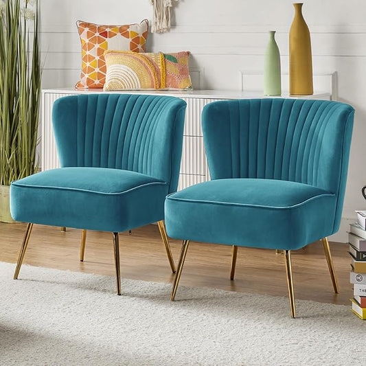 HULALA Home Velvet Accent Chair Set of 2, Modern Armless Upholstered Side Chair with Glam Gold Metal Legs for Vanity Living Room Bedroom - Blue