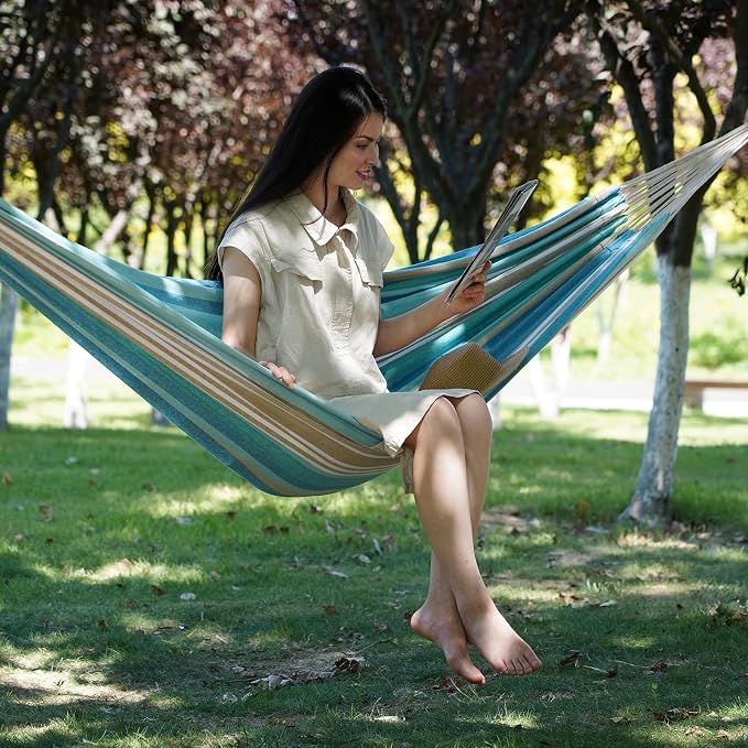 Brazilian Hammock with Tree Straps - Canvas Hammocks Portable Hammock with Carry Bag for Backyard, Porch, Outdoor and Indoor Use Blue & Green - Image 8