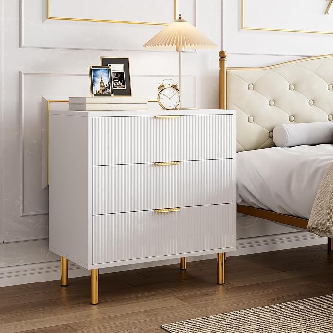 GarveeHome White Dresser, Modern 3 Drawer Dresser for Bedroom with Gold Handle and Large Drawer, Wood Double Chest of Drawers and Storage Organizer for Living Room, Hallway, Entryway by GarveeHome