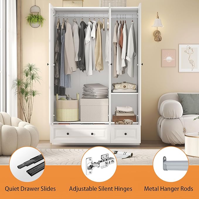 Armoire Wardrobe Closet with Drawers: 74" White Wardrobe Closet with 3 Doors, Bedroom Armoires with 2 Drawers, Wood Closets Cabinet for Hanging Clothes (White, 47")