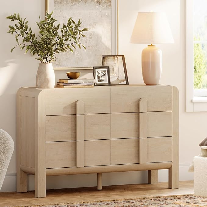 WAMPAT Dresser and Nightstand Sets, 47.2" W Mid Century Modern Chest of Drawers, Wood 6 Drawer Dresser & Nightstand with Charging Station, Curved Profile Design, Beige