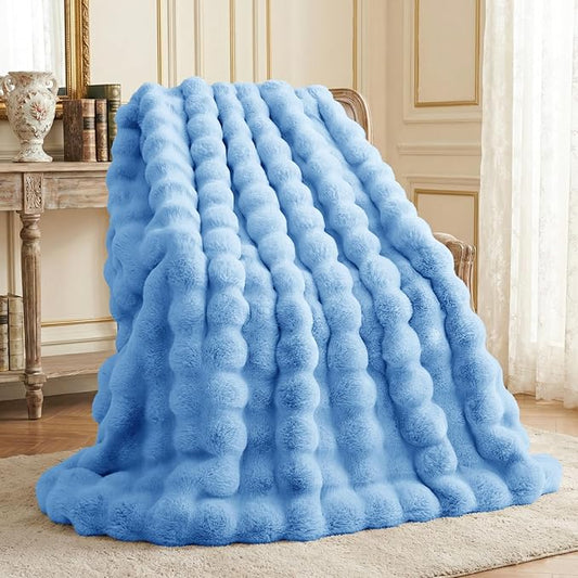 L'AGRATY Faux Fur Throw Blanket: 60" x 80" Luxury Soft Fluffy Rabbit Fur Blankets Twin for Couch Bed Sofa - Cozy Plush Bubble Blankets for Winter: Flannel Fleece Decorative Blanket(Airy Blue)