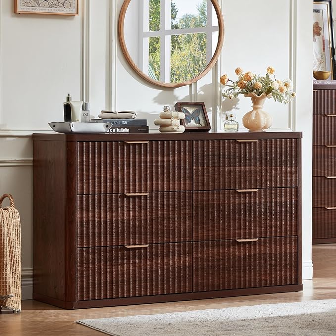 LEYAOYAO Fluted 6 Drawers Dresser for Bedroom, 48" Wide Modern Chest of Drawers with Metal Handle, Walnut Curved Profile Farmhouse Closet Organizer Wood Dressers TV Stand for Living Room, Hallway by LEYAOYAO-Findtheshiningpointofyourideallife%EF%BC%81