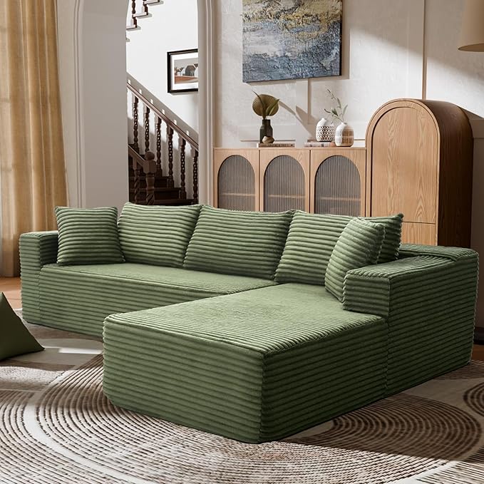 106" Modular Sectional Sofa, Green Corduroy Cloud Couch with Left Chaise, Deep Seat Boneless Floor Sofa for Living Room, High-Resilience Foam Support, No Assembly Required, Includes Pillows | Sectional Sofa, Corduroy Cloud, Boneless, High-Resilience, N...