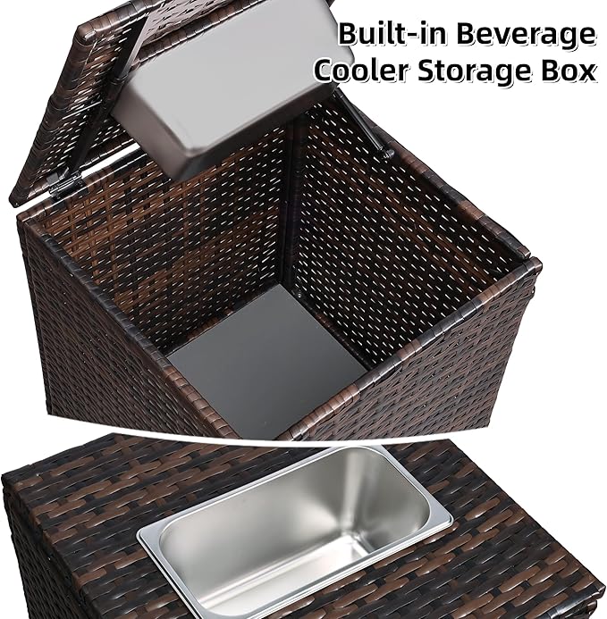 FHFO 5 Piece Outdoor Patio Furniture Set with 28”Gas Fire Pit Table & Ice Bucket Storage Box, Outdoor Wicker Rattan Patio Conversation Set for Outside, Poolside, Balcony, Porch, Brown-Blue