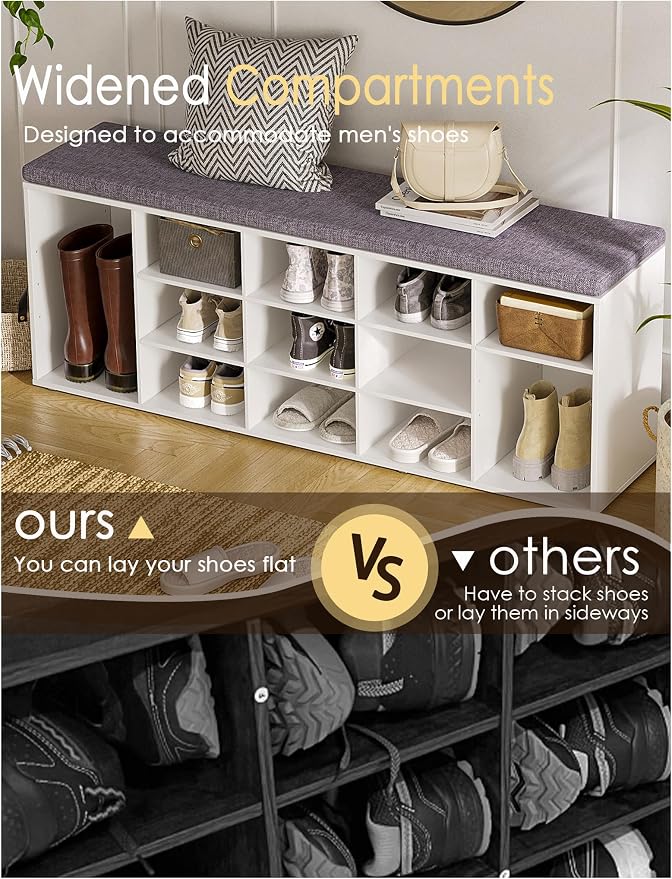 DINZI LVJ Shoe Storage Bench with Cushion, 13-Cubby Shoe Rack, Adjustable Shelves, Multifunctional Shoe Organizer Bench for Entryway, Mudroom, Hallway, Living Room, Bedroom and Garage, White - Image 4
