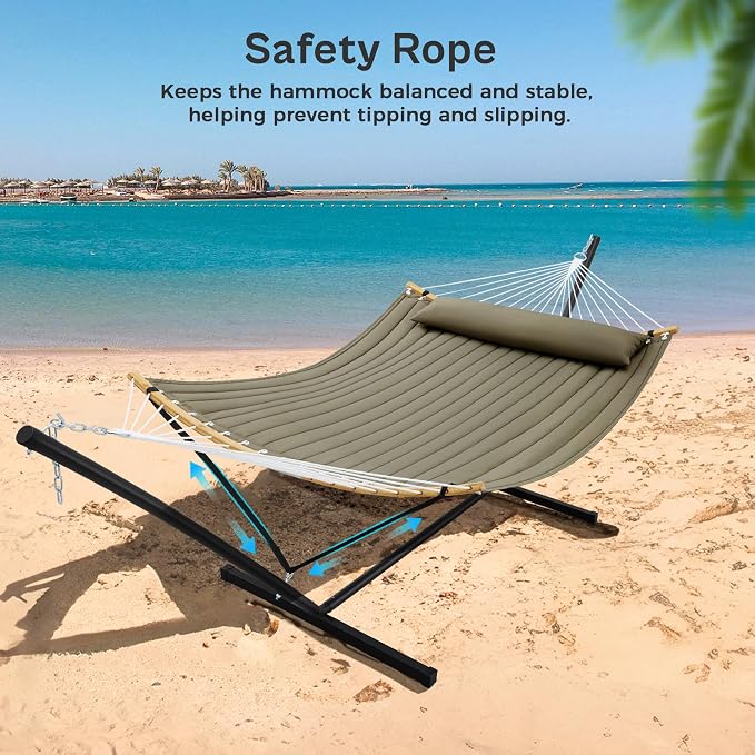 SUPERJARE Curved-Bar Hammock with Stand, 2 Person Heavy Duty Hammock Frame, Detachable Pillow & Portable Carrying Bag, Perfect for Outdoor & Indoor, Olive Gray - Image 5