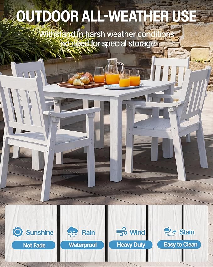 YEFU HIPS Patio Table Set: 5 Piece Outdoor Square Table and Chairs with Metal Aluminum Frame - White Modern Plastic Patio Dining Furniture Set 4 Person for Outside Deck - Image 3