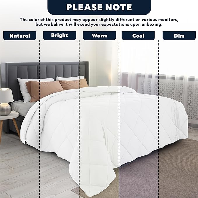LUX Décor Lightweight Comforter Queen Size - Soft Breathable Down Alternative Diamond Stitched, All Season White Comforter with Double Stitched Piping, Oeko-TEX