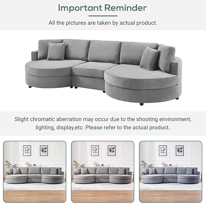 Merax 129 inches 3-Seater Curved Chenille Sofa, Modern Upholstered Living Room Couch with Thick Cushions, Includes 2 Throw Pillows, Easy Assembly, Dark Grey