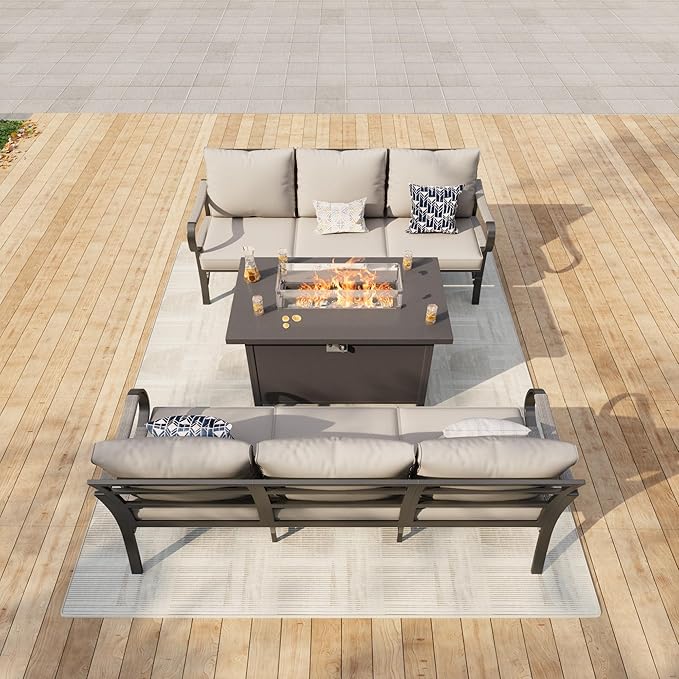3 Pieces Outdoor Patio Conversation Sets, Outdoor Furniture Set Metal 2 Three-Seater Sofas with Fire Pit Table for Backyard Deck Porch Poolside, Beige