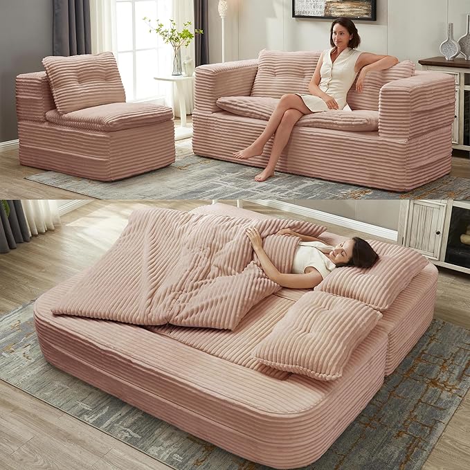 80" Convertible Sectional Sofa Bed, 3-in-1 Folding Floor Couch with Convertible Chaise Lounge, Plush Corduroy Sleeper Sofa for Living Room and Bedroom, No Assembly Required (Dusty Pink)