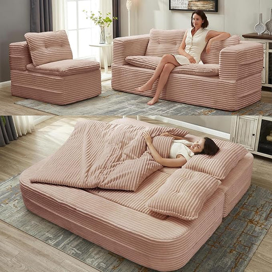 80" Convertible Sectional Sofa Bed, 3-in-1 Folding Floor Couch with Convertible Chaise Lounge, Plush Corduroy Sleeper Sofa for Living Room and Bedroom, No Assembly Required (Dusty Pink)