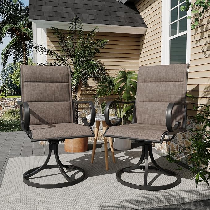 MELLCOM Swivel Outdoor Chairs Set of 4, High Back Padded Textilene Patio Dining Chairs with Metal Frame, All-Weather Outdoor Furniture Rocker, Brown - Image 2