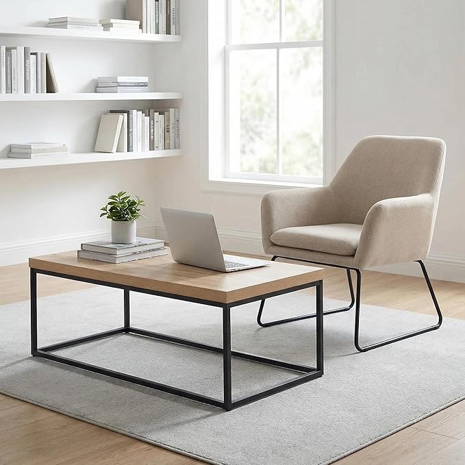 CENSI 47-Inch Natural Oak Coffee Table for Living Room, Modern Industrial Rectangular Wood and Metal Center Table with Extra Thick Tabletop (Natural Wood)
