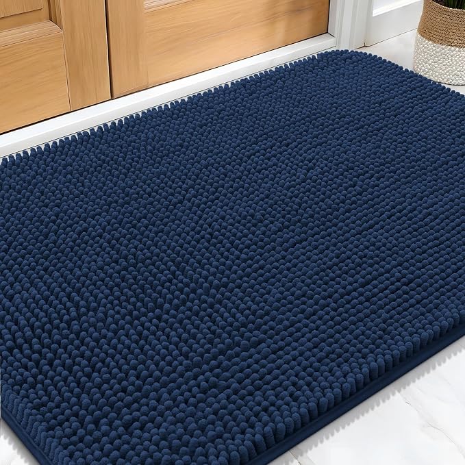 OLANLY Dog Door Mat for Muddy Paws 34x21, Absorbs Moisture and Dirt, Absorbent Non-Slip Washable Doormat, Quick Dry Chenille Mud Mat for Dogs, Entry Indoor Entryway Carpet for Inside Floor, Dark Blue by OLANLY