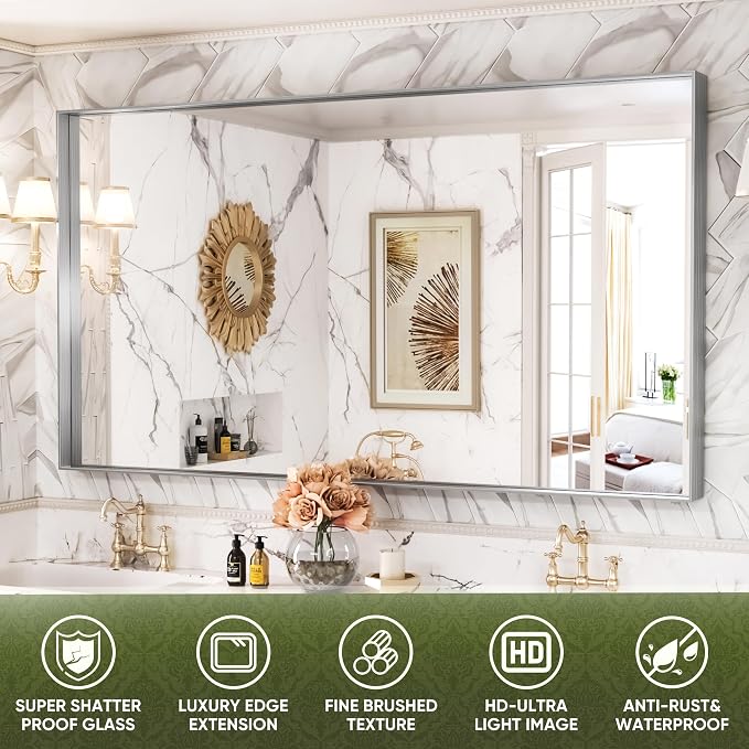 Suidia Bathroom Mirror, 60" x 36" Wall Mirror Metal Framed, Bathroom Vanity Mirror for Living Room Bedroom Bathroom Entryway, Silver, Rect Corner Style - Image 5