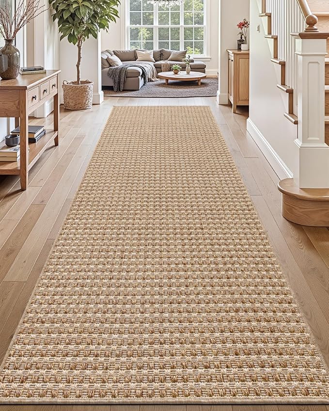 DEXI Hallway Runner Rug 3.3x10, Woven Braided Farmhouse Runner Carpet Indoor, Absorbent Thin Long Entryway Runners for Kitchen, Laundry Room, Patio Entrance, Checkered Beige by DEXI