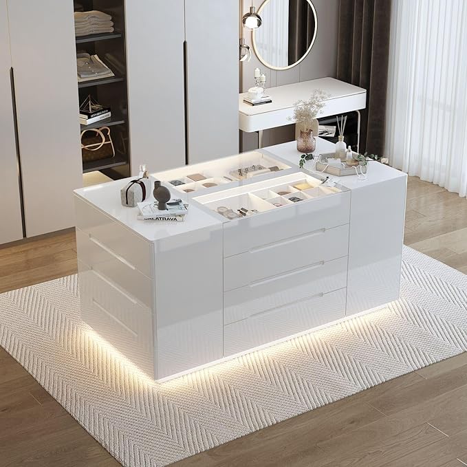 Armoire Bedroom Island Wardrobe Closet Island with 16 Drawers & Glass Tabletop, Island Dresser with Jewelry Organizer, Closet Island for Cloakroom White (63”W x 31.5”D x 31.5”H)