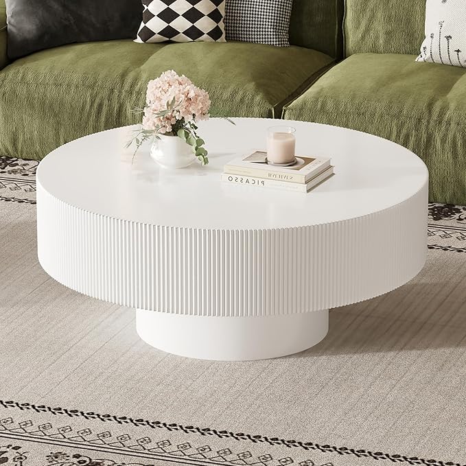 Merax Modern 35.4 Inch Round Large Coffee Table with Sturdy Base, Wood Center Table with 6.8" Thick Tabletop for Living Room Reception Room, Easy Assemble, White