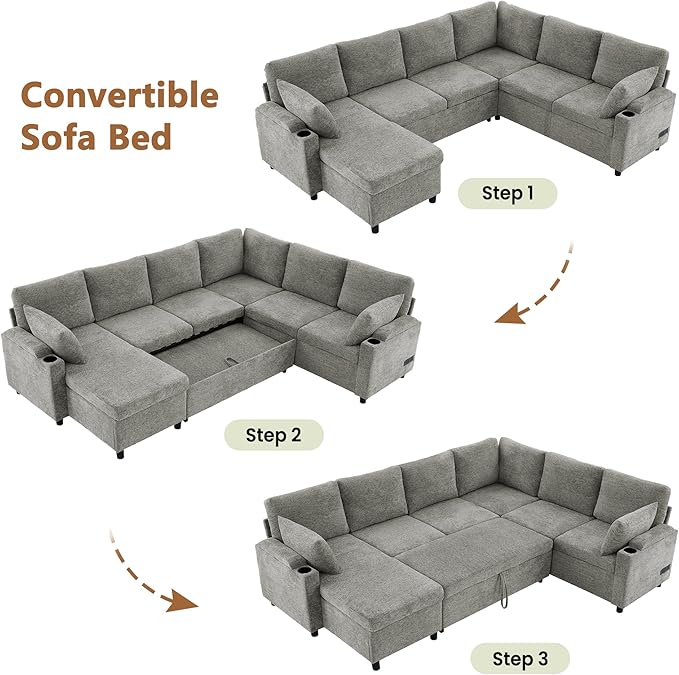 ERYE U Shaped Pull Out Sleeper Sectional Sofa Bed Modern Corner Convertible Sleeper Couch with Left Facing Storage Chaise, Cupholders, Charging Ports and Armrests Storage