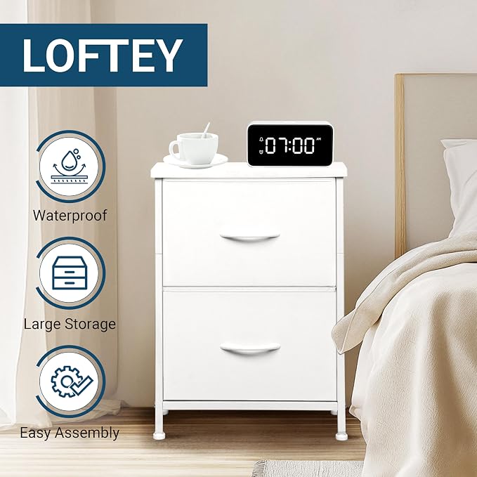 LOFTEY White Nightstand, Bedside Table with 2 Fabric Drawers, Small Kids Night Stand for Bedroom, Bed Side Table with Storage, 15.7" L x 11.8" W x 21" H - Image 3