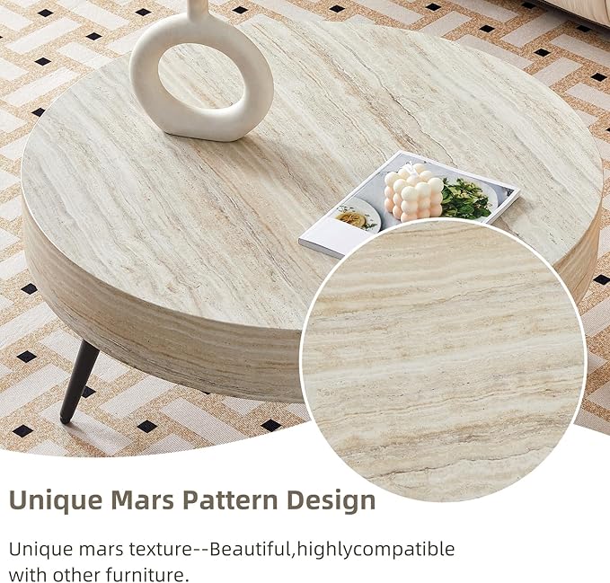 Round Coffee Table, Small Wood Stone Coffee Table with Storage, Modern Mid Century Circle Tables Accent Center Tables for Living Room Apartment Small Space (31.5''D-Stone Travertine Pattern)