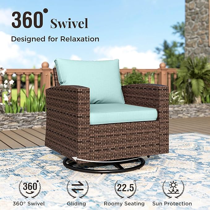 Swivel Glide Patio Furniture Set, 6 Pcs Wicker Outdoor Conversation Set, 2 x Swivel Chairs, 1 x 3 Seater Sofa and 2 x Ottoman with 4" Thick Cushion and 56" Fire Pit Table, Blue
