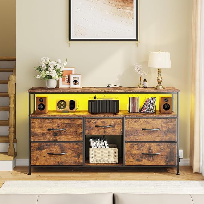 EnHomee TV Stand for Bedroom with LED Lights & Power Outlets, 5 Drawers Dresser Entertainment Center for 45/50" TV, Fabric Dressers with Storage Wood Shelves for Living Room,Dorm,Rustic Brown - Image 7