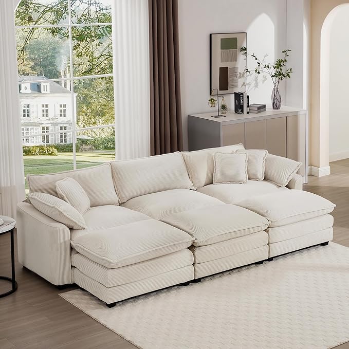 KEIKI 115" Oversized Corduroy Modular Sectional Sofa with 3 Ottoman, High-Density Foam Cushions, Removable Armrests, Upholstered 3-Seater Fluffy Corner Couch with 5 Pillow, for Living Room, Beige