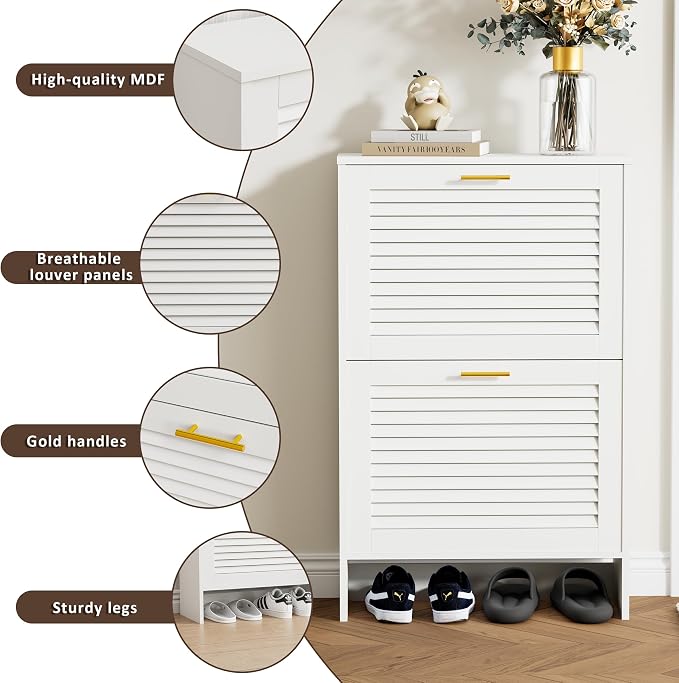Shoe Cabinet Storage, Hidden Shoe Organizer, Modern Freestanding Organizer with 2 Flip Drawers Louvered Shoe Cabinet for Entryway (White, 2 Drawers) - Image 5