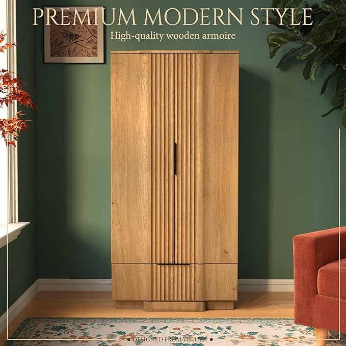 Yechen 67" Fluted Armoire Wardrobe Closet Set of 2 with Doors and Drawer, Wooden Wardrobe Closet Cabinet with Adjustable Shelve, Modern Small Armoires Storage Clothes, Coats for Bedroom, Natural, 2pcs