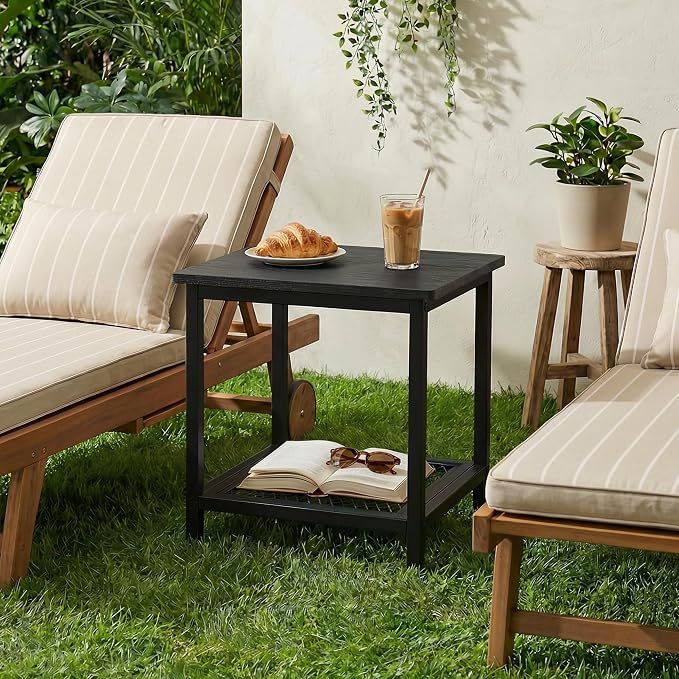 2-Tier Outdoor Side Table with Storage, Weather Resistant Patio End Table, HDPS Small Accent Table for Deck, Garden, Pool, Backyard, Black - Image 2
