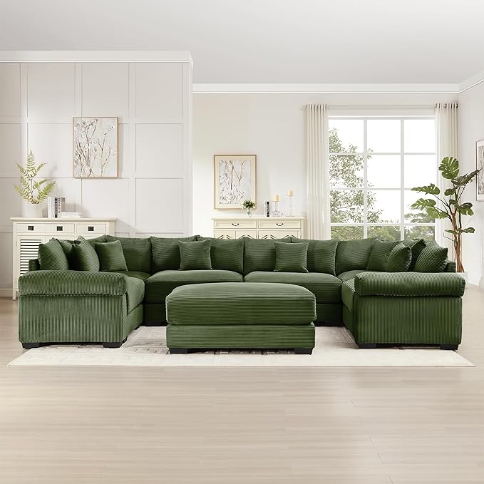 KEIKI 138" U-Shaped Oversized Corduroy Modular Cloud Sectional Sofa with 1 Ottoman, High-Density Foam Cushion, Extra-Thick Armrest, 6-Seater Fluffy Corner Couch with 20 Pillow, for Living Room, Green