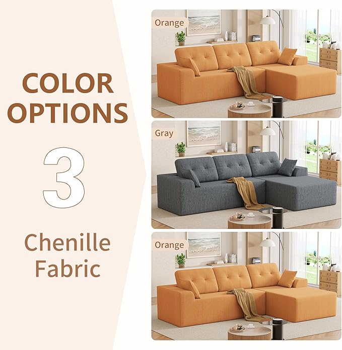 Ball & Cast 106" Cloud Modular Sectional Sofa, Boneless Chenille Couch with Deep Seat, Comfy L-Shaped Sectional, Modern Upholstered Sofa for Living Room, No Assembly (Orange, Right Facing Chaise)